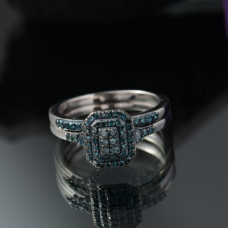 D'Joy Set of 2 Blue Diamond 0.50 ctw Art Deco Stackable Ring in Rhodium Over Sterling Silver (Size 9)