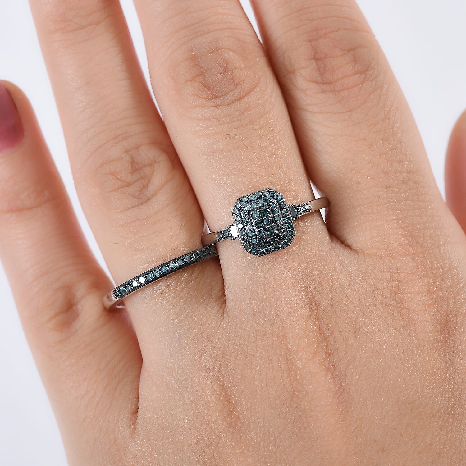 D'Joy Set of 2 Blue Diamond 0.50 ctw Art Deco Stackable Ring in Rhodium Over Sterling Silver (Size 9)
