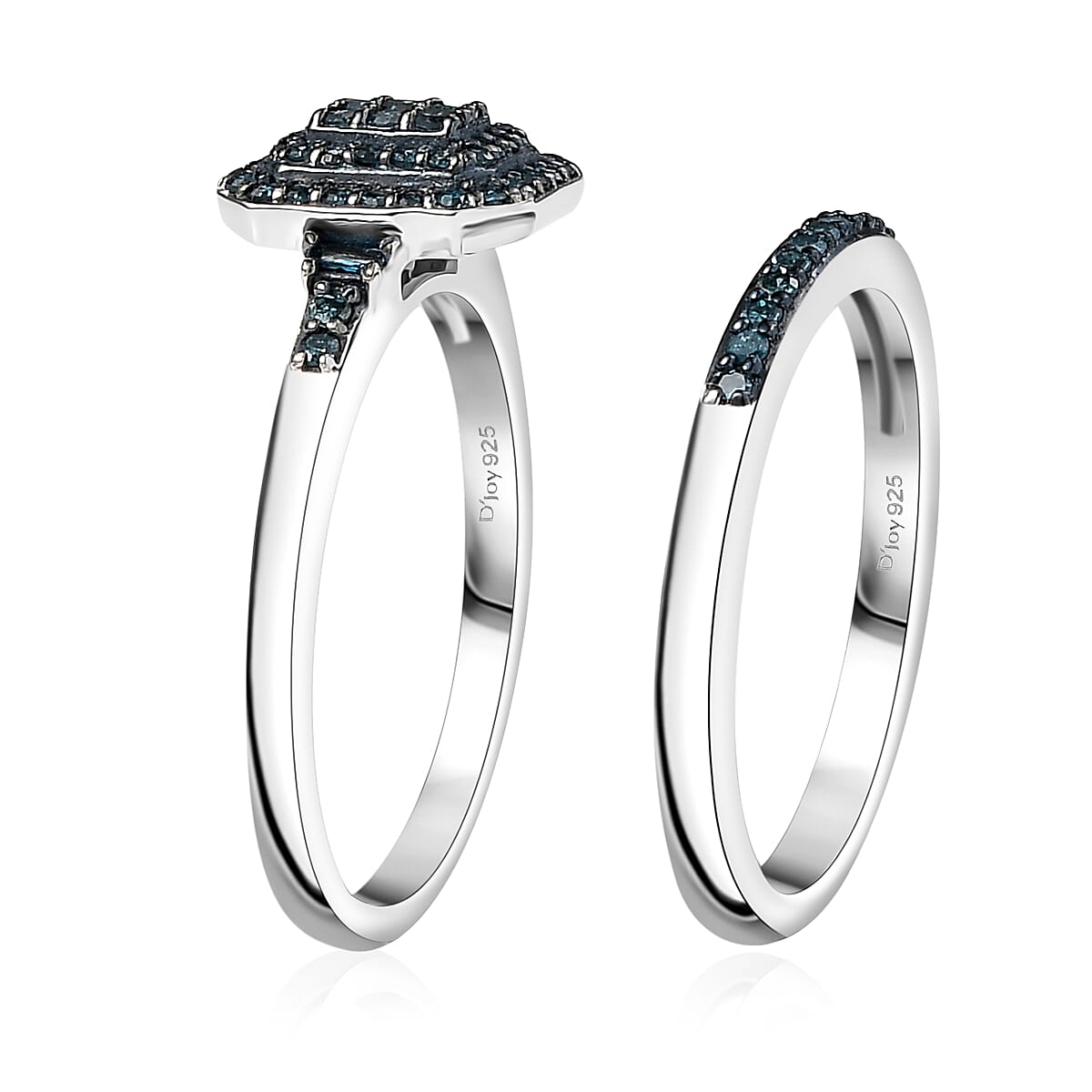 D'Joy Set of 2 Blue Diamond 0.50 ctw Art Deco Stackable Ring in Rhodium Over Sterling Silver (Size 9)