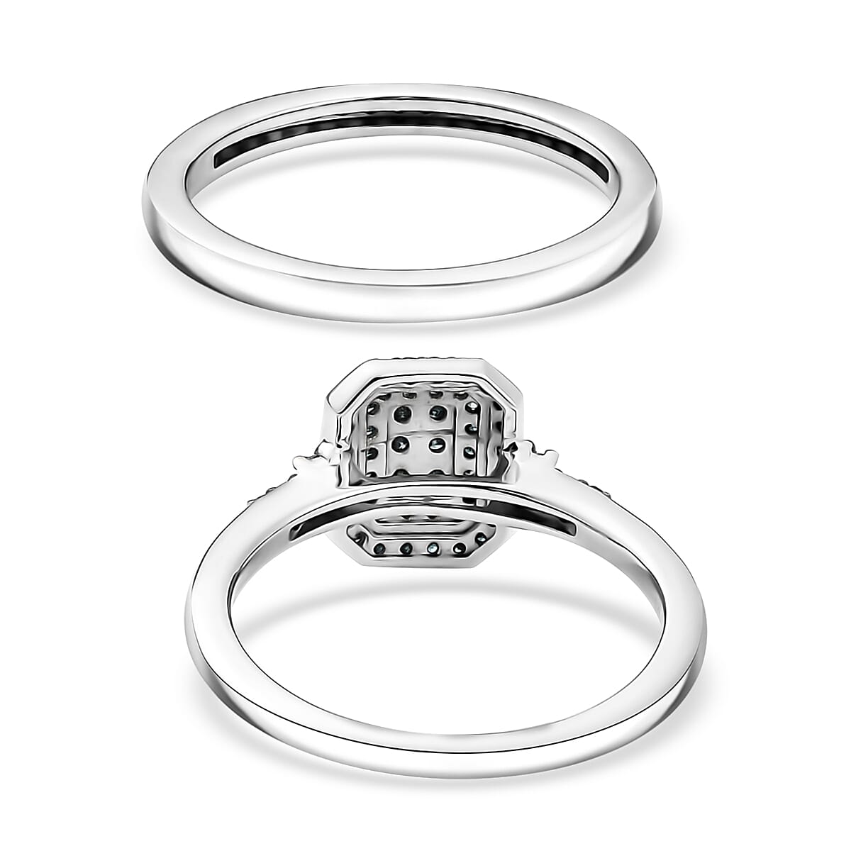 D'Joy Set of 2 Blue Diamond 0.50 ctw Art Deco Stackable Ring in Rhodium Over Sterling Silver (Size 9)