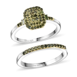 D'Joy Set of 2 Green Diamond 0.50 ctw Art Deco Stackable Ring in Rhodium Over Sterling Silver (Size 6)