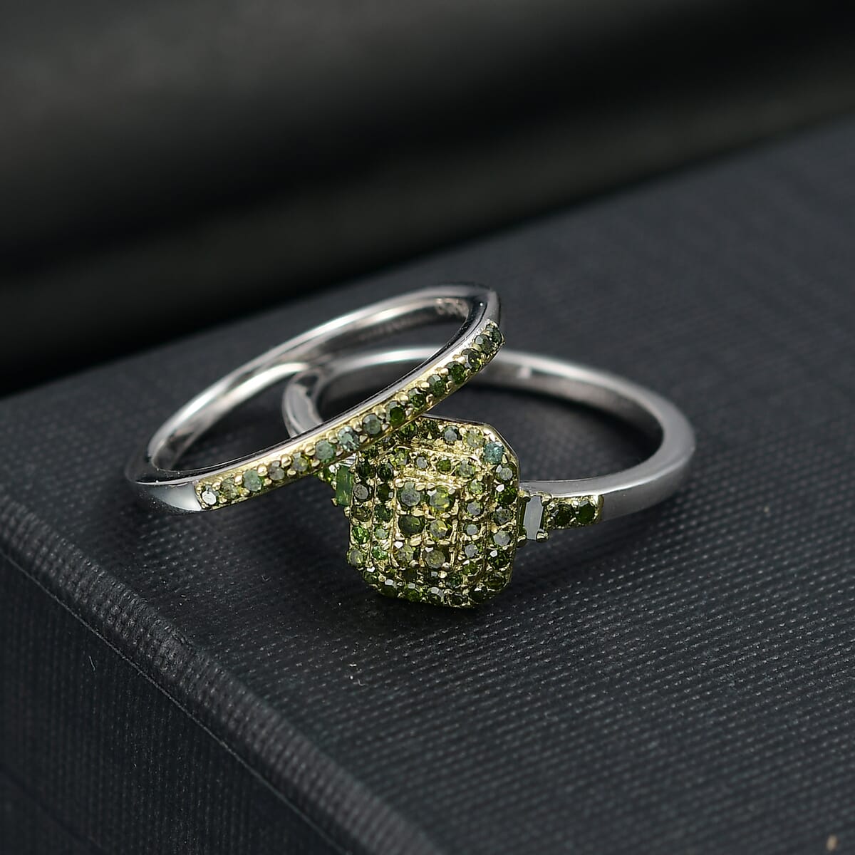 D'Joy Set of 2 Green Diamond 0.50 ctw Art Deco Stackable Ring in Rhodium Over Sterling Silver (Size 6) image number 1