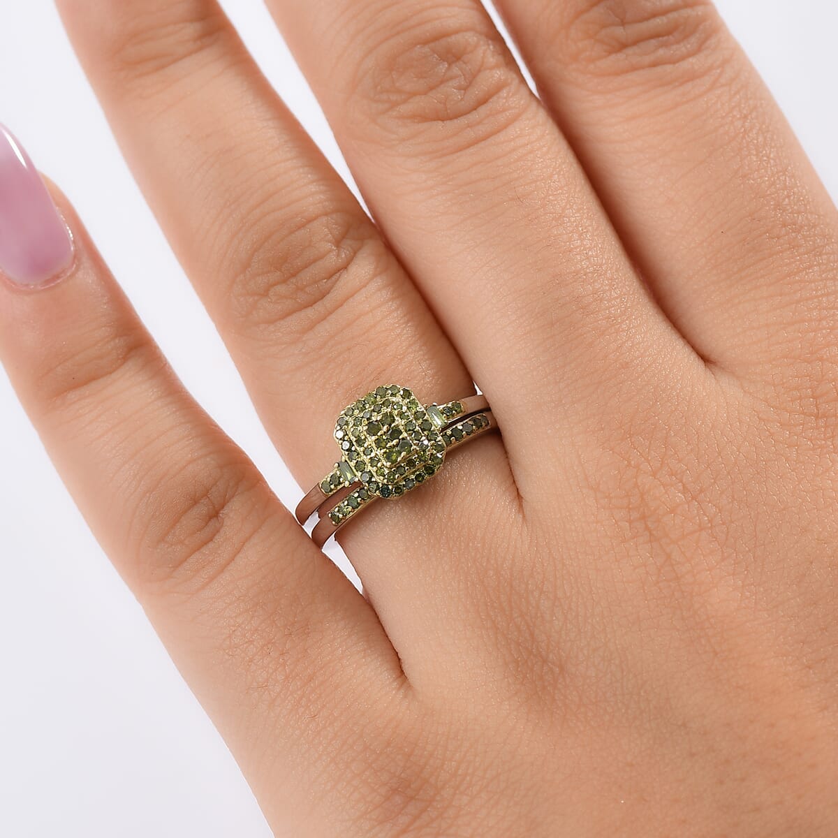 D'Joy Set of 2 Green Diamond 0.50 ctw Art Deco Stackable Ring in Rhodium Over Sterling Silver (Size 6) image number 2