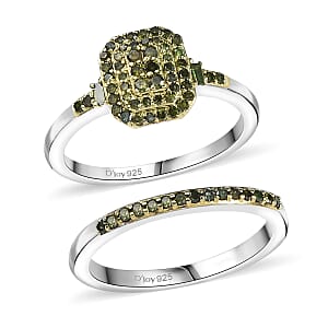 D'Joy Set of 2 Green Diamond 0.50 ctw Art Deco Stackable Ring in Rhodium Over Sterling Silver (Size 7)