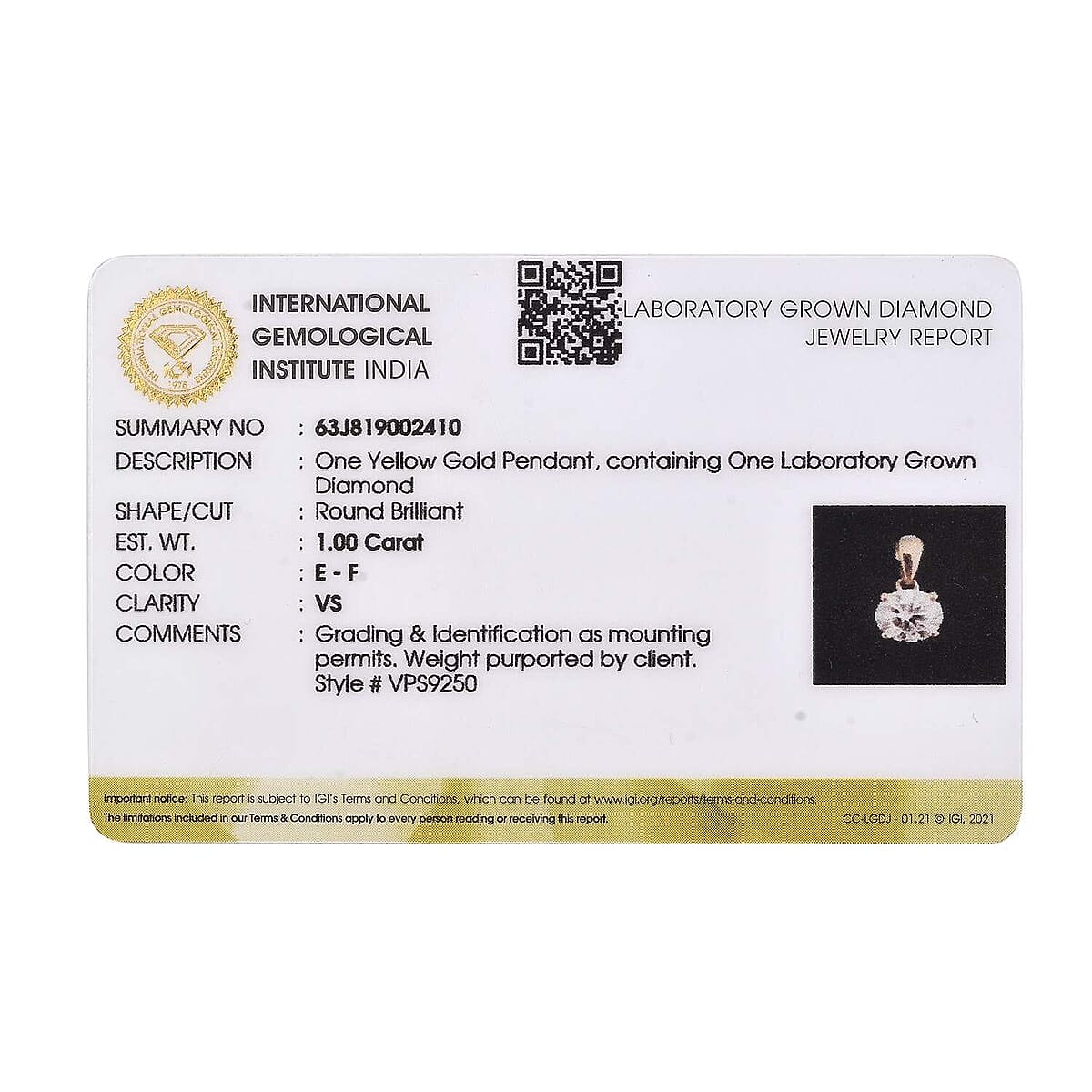 IGI Certified Luxuriant Lab Grown Diamond E-F VS 1.00 ctw Solitaire Pendant Necklace in 14K Yellow Gold 20 Inches (Del. in 10-12 Days) image number 6