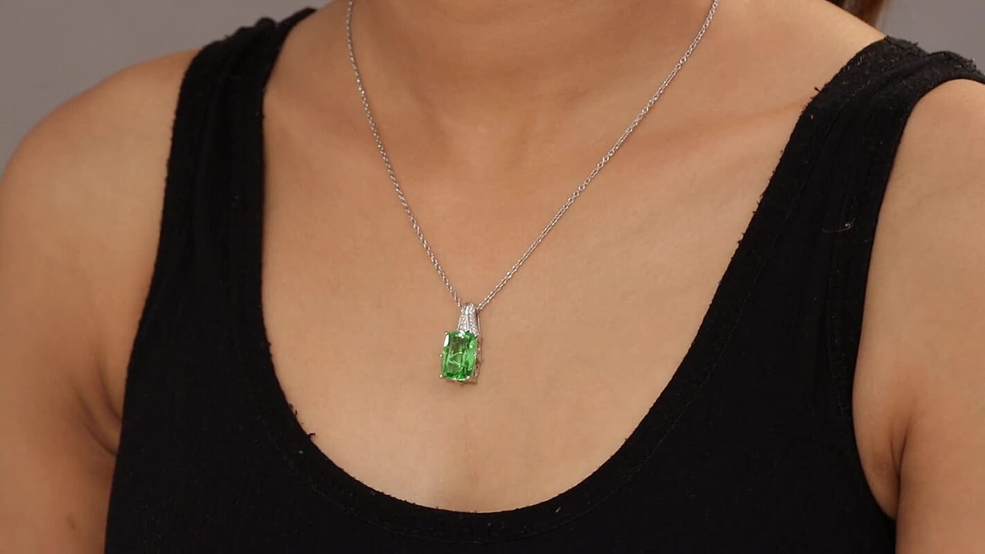 EverTrue Chartreuse Quartz (Triplet) and White Zircon 7.25 ctw Verdant Grace Pendant in Platinum Bond with Stainless Steel Necklace 20 Inches
