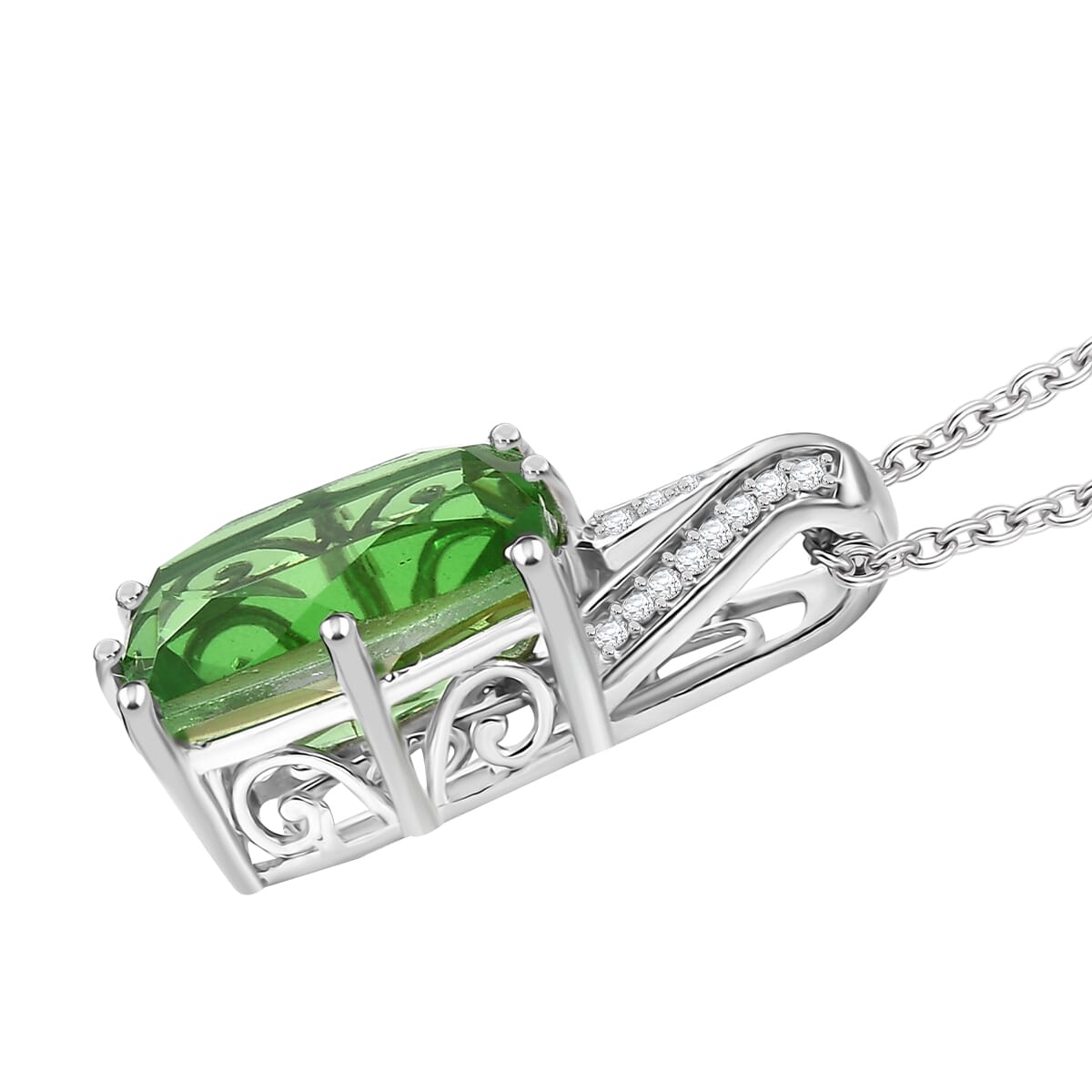Ever True Chartreuse Quartz (Triplet) and White Zircon 7.25 ctw Verdant Grace Pendant in Platinum Bond with Stainless Steel Necklace 20 Inches image number 3