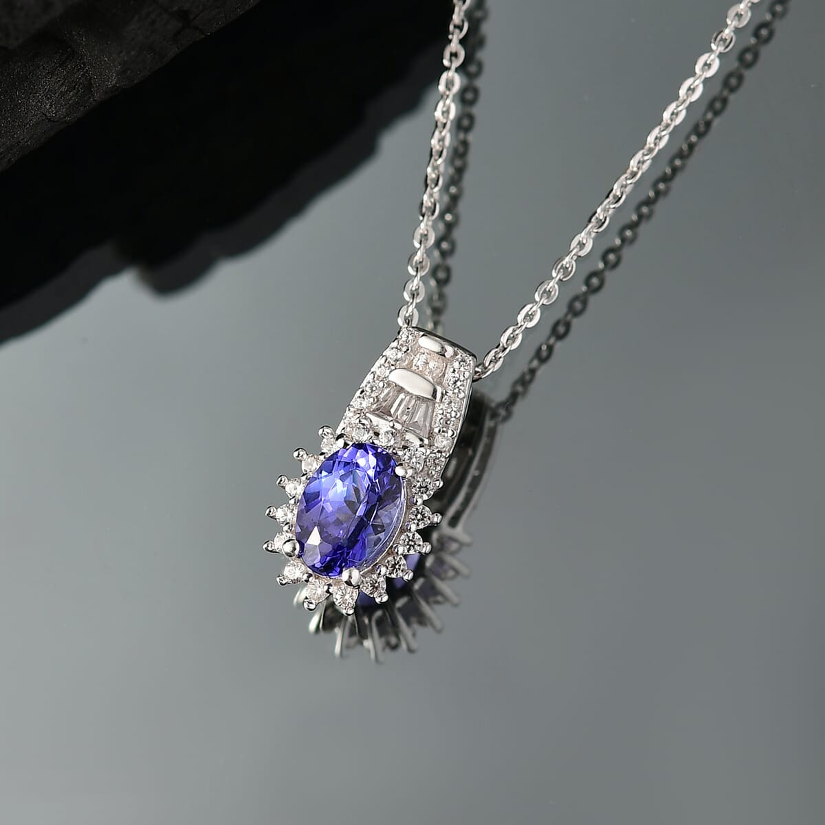 D'Joy AAA Tanzanite and White Zircon 1.30 ctw Starburst Pendant Necklace in Rhodium Over Sterling Silver 20 Inches image number 1
