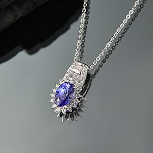 D'Joy AAA Tanzanite and White Zircon 1.30 ctw Starburst Pendant Necklace in Rhodium Over Sterling Silver 20 Inches