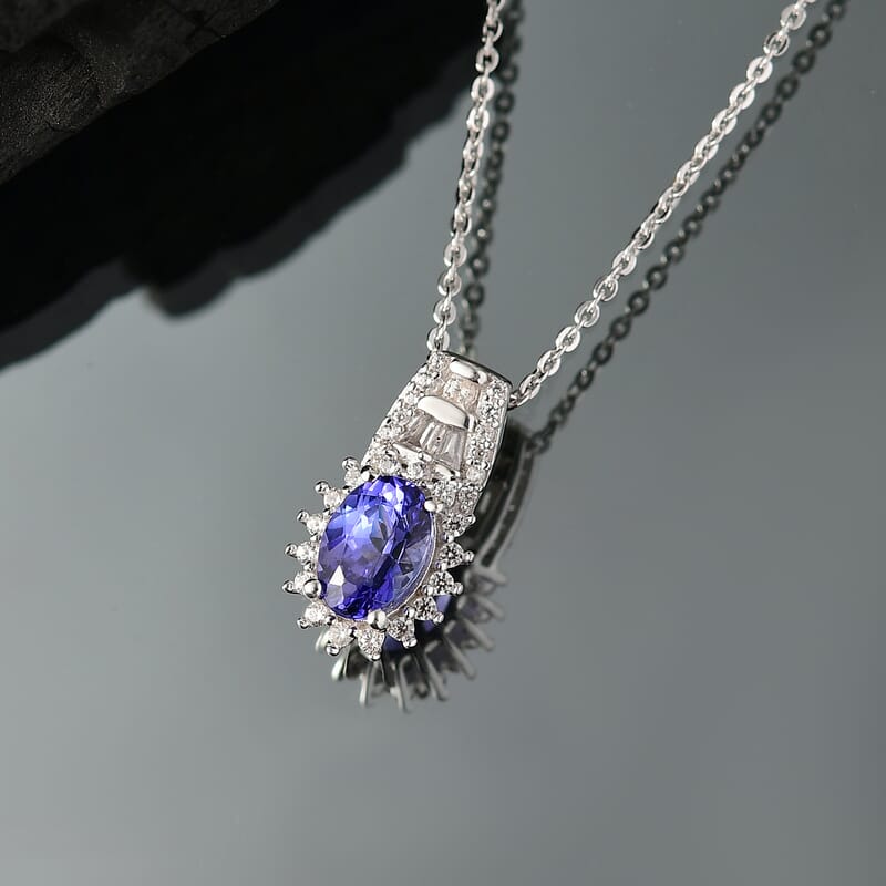 D'Joy AAA Tanzanite and White Zircon 1.30 ctw Starburst Pendant Necklace in Rhodium Over Sterling Silver 20 Inches