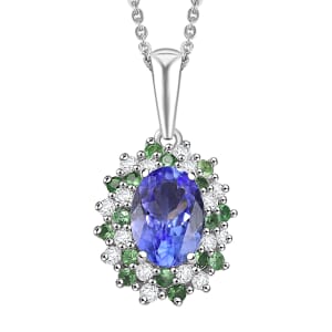 D'Joy Tanzanite and Multi Gemstone 1.10 ctw Blooming Flower Pendant Necklace 20 Inches in Rhodium Over Sterling Silver