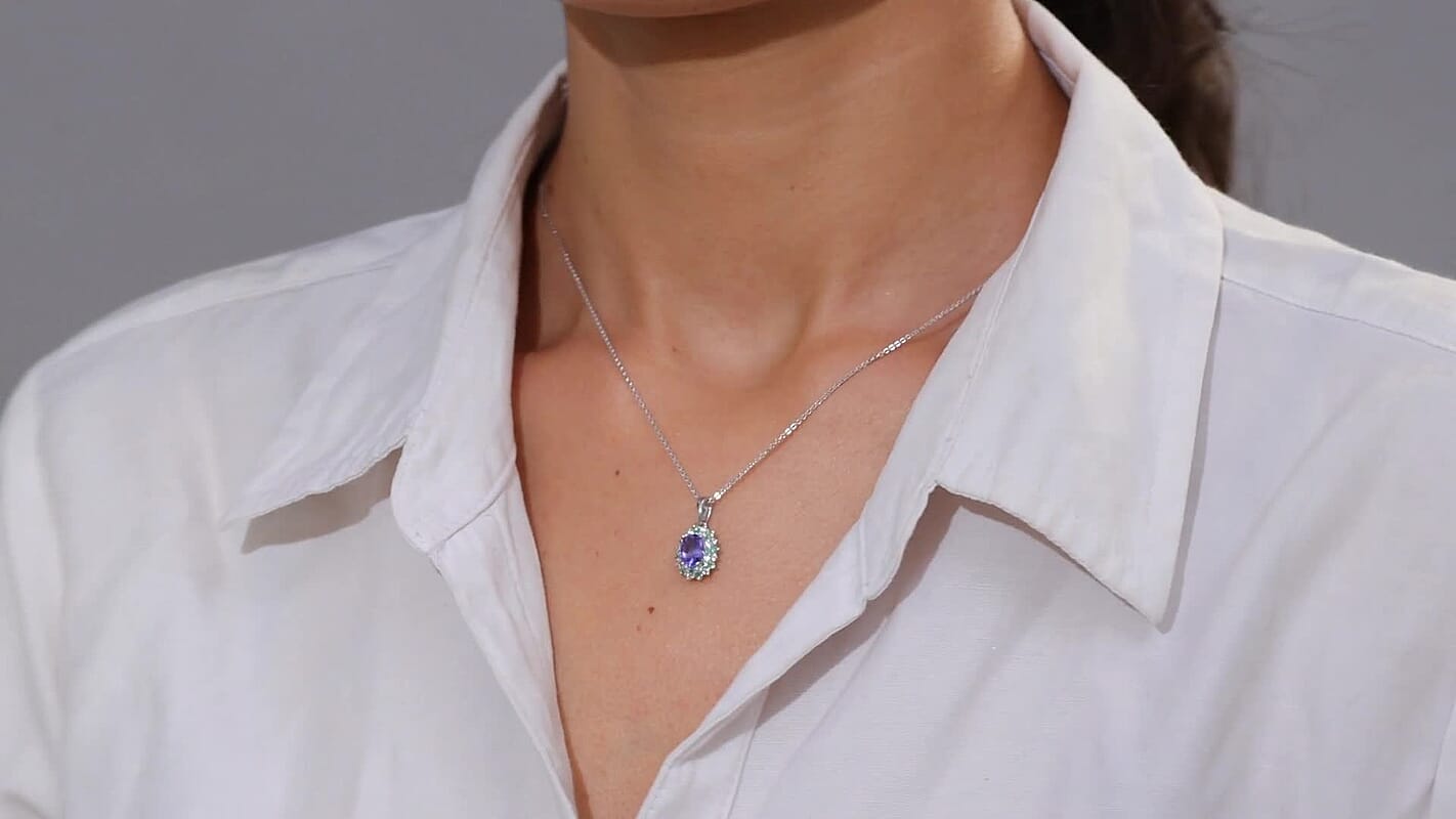 D'Joy Tanzanite and Multi Gemstone 1.10 ctw Blooming Flower Pendant Necklace 20 Inches in Rhodium Over Sterling Silver