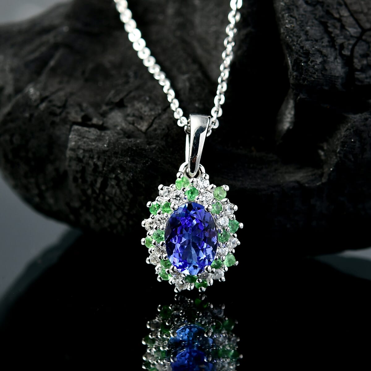 D'Joy Tanzanite and Multi Gemstone 1.10 ctw Blooming Flower Pendant Necklace 20 Inches in Rhodium Over Sterling Silver image number 1