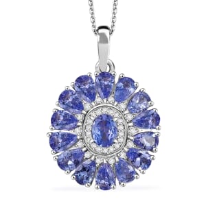 D'Joy Tanzanite and White Zircon 3.35 ctw Blue Dahlia Flower Pendant Necklace in Rhodium Over Sterling Silver 20 Inches
