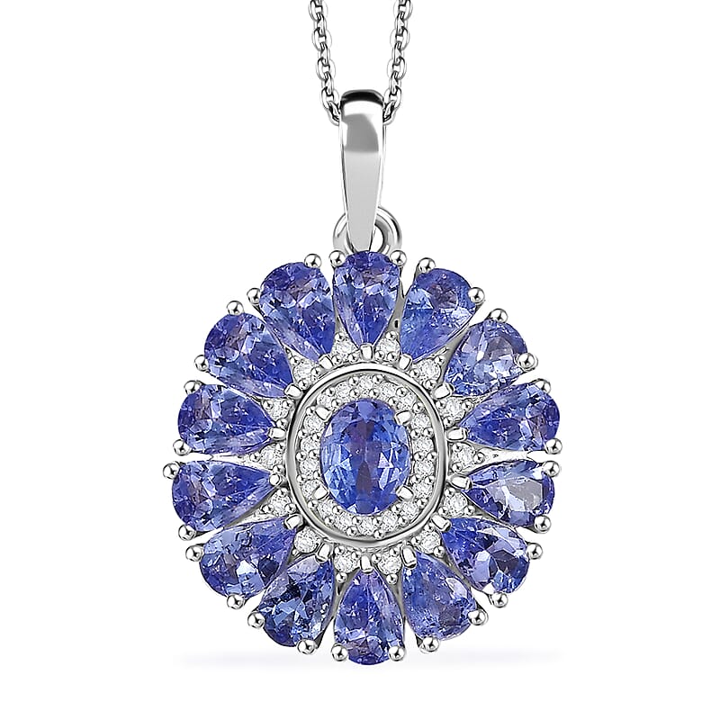 D'Joy Tanzanite and White Zircon 3.35 ctw Blue Dahlia Flower Pendant Necklace in Rhodium Over Sterling Silver 20 Inches