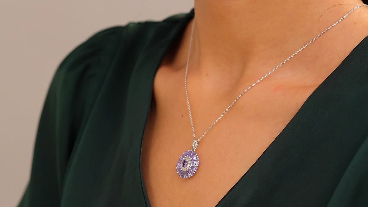 D'Joy Tanzanite and White Zircon 3.35 ctw Blue Dahlia Flower Pendant Necklace in Rhodium Over Sterling Silver 20 Inches