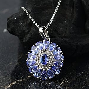 D'Joy Tanzanite and White Zircon 3.35 ctw Blue Dahlia Flower Pendant Necklace in Rhodium Over Sterling Silver 20 Inches