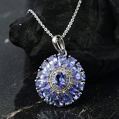 D'Joy Tanzanite and White Zircon 3.35 ctw Blue Dahlia Flower Pendant Necklace in Rhodium Over Sterling Silver 20 Inches