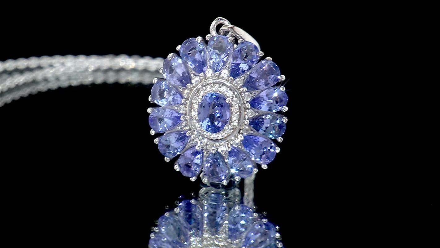 D'Joy Tanzanite and White Zircon 3.35 ctw Blue Dahlia Flower Pendant Necklace in Rhodium Over Sterling Silver 20 Inches