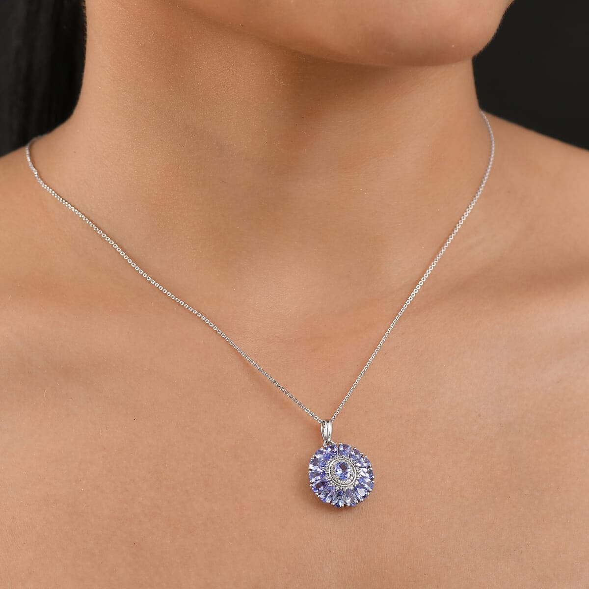 D'Joy Tanzanite and White Zircon 3.35 ctw Blue Dahlia Flower Pendant Necklace in Rhodium Over Sterling Silver 20 Inches image number 2