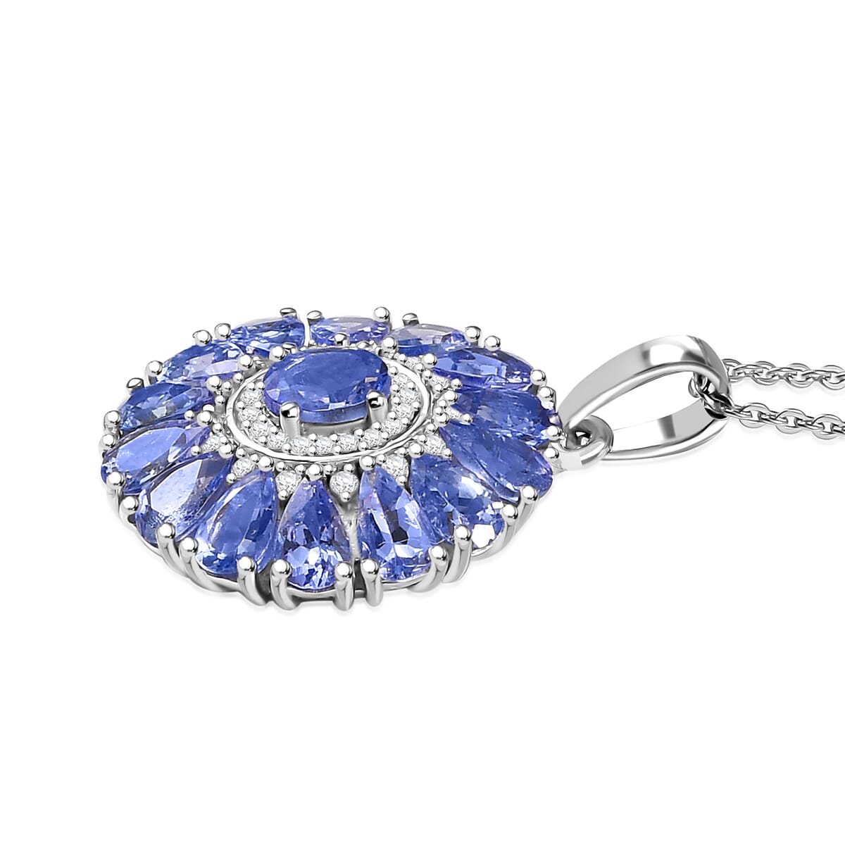 D'Joy Tanzanite and White Zircon 3.35 ctw Blue Dahlia Flower Pendant Necklace in Rhodium Over Sterling Silver 20 Inches image number 3