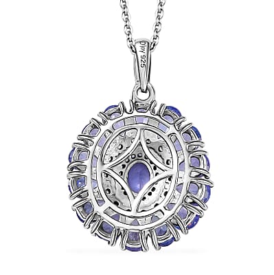 D'Joy Tanzanite and White Zircon 3.35 ctw Blue Dahlia Flower Pendant Necklace in Rhodium Over Sterling Silver 20 Inches