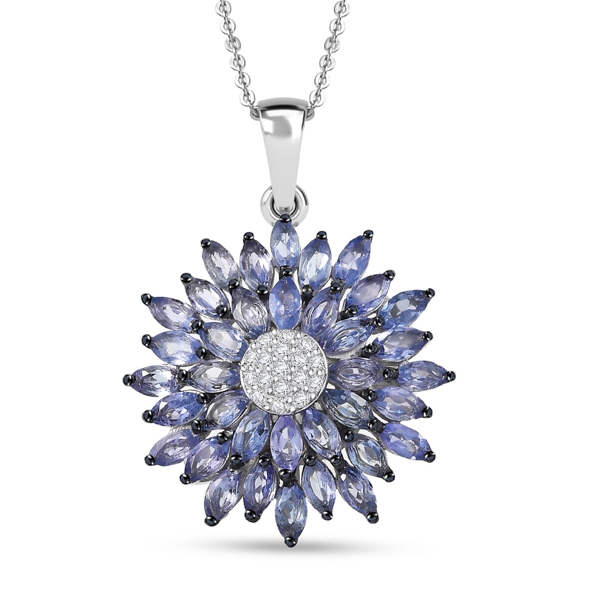 D'Joy AAA Tanzanite and White Zircon 3.15 ctw Blue Dahlia Flower Pendant Necklace in Rhodium Over Sterling Silver 20 Inches image number 0