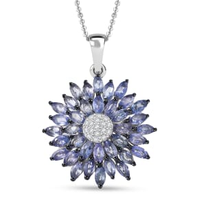 D'Joy AAA Tanzanite and White Zircon 3.15 ctw Blue Dahlia Flower Pendant Necklace in Rhodium Over Sterling Silver 20 Inches