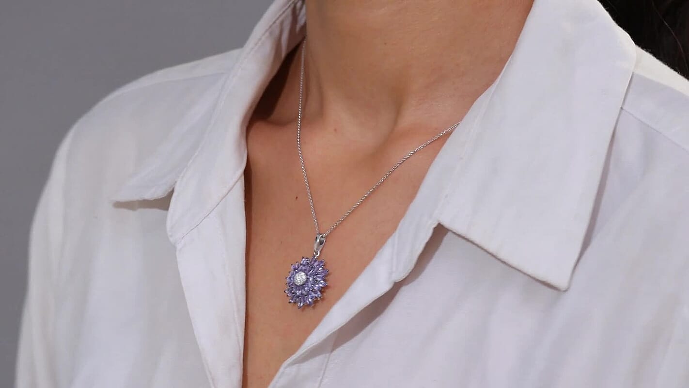 D'Joy Tanzanite and Moissanite 3.15 ctw Blue Dahlia Flower Pendant Necklace in Rhodium Over Sterling Silver 20 Inches