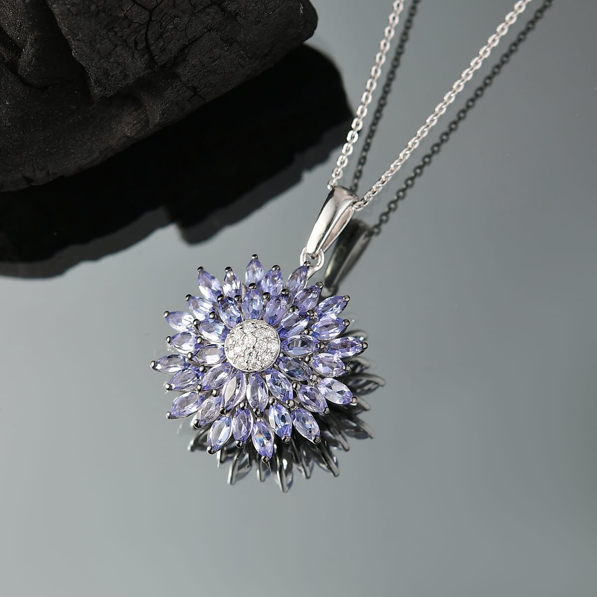 D'Joy AAA Tanzanite and White Zircon 3.15 ctw Blue Dahlia Flower Pendant Necklace in Rhodium Over Sterling Silver 20 Inches image number 1