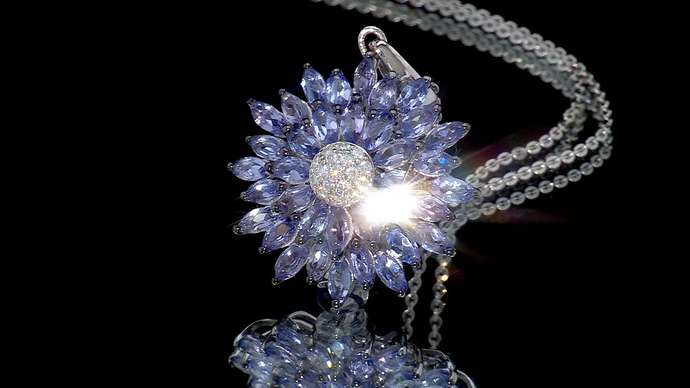 D'Joy Tanzanite and Moissanite 3.15 ctw Blue Dahlia Flower Pendant Necklace in Rhodium Over Sterling Silver 20 Inches
