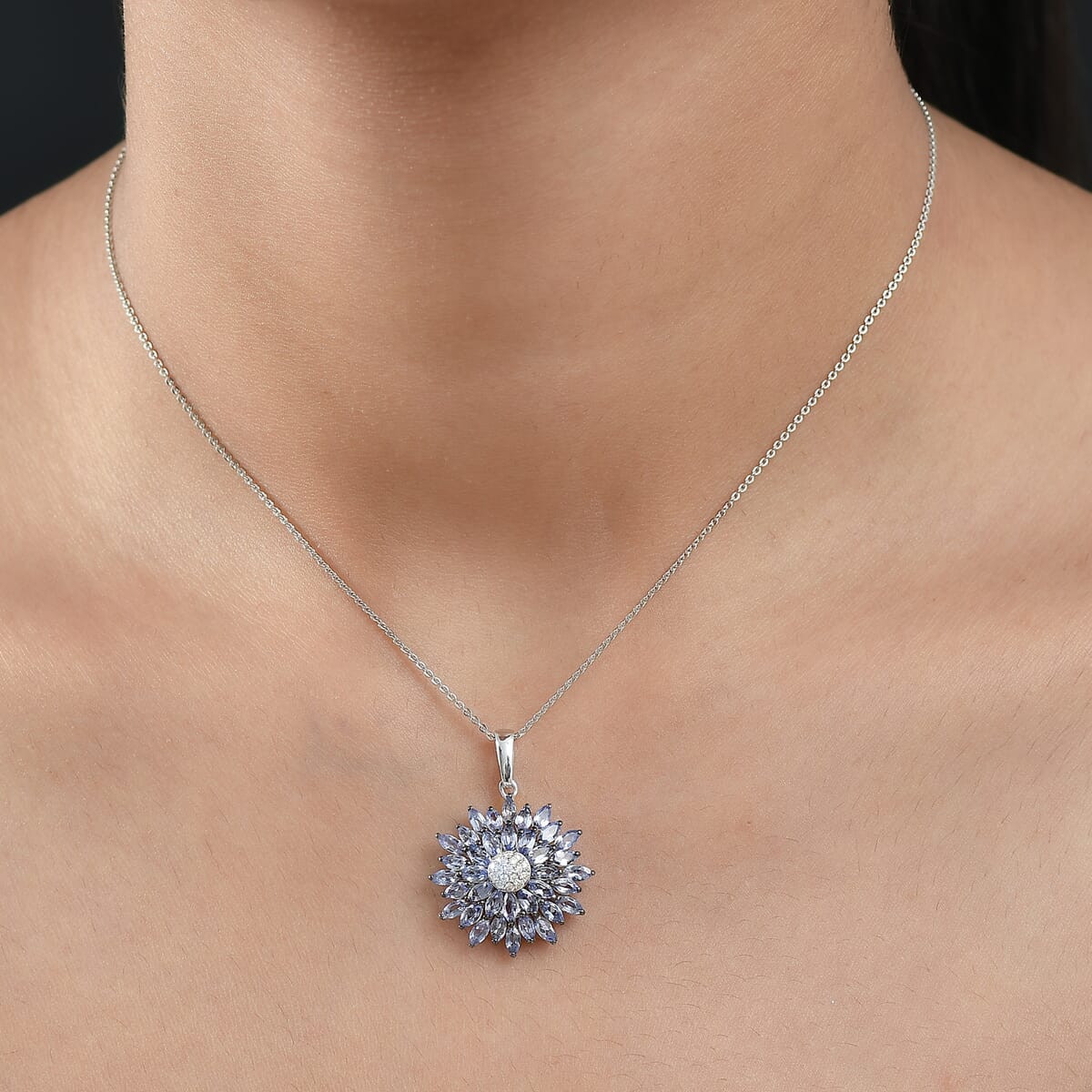 D'Joy AAA Tanzanite and White Zircon 3.15 ctw Blue Dahlia Flower Pendant Necklace in Rhodium Over Sterling Silver 20 Inches image number 2