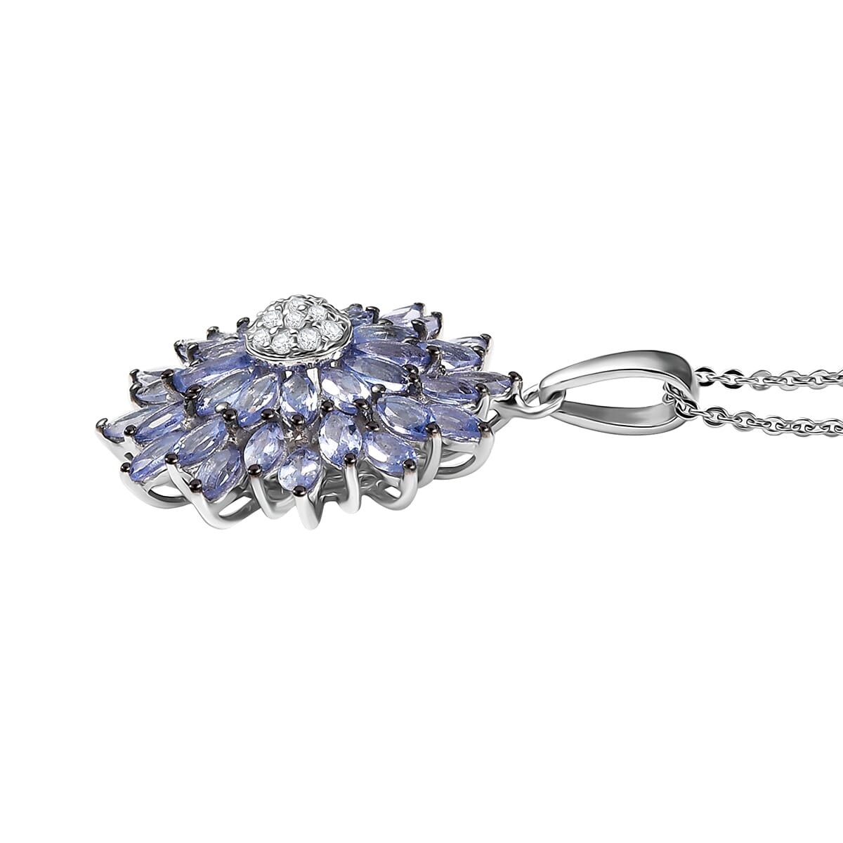 D'Joy AAA Tanzanite and White Zircon 3.15 ctw Blue Dahlia Flower Pendant Necklace in Rhodium Over Sterling Silver 20 Inches image number 3