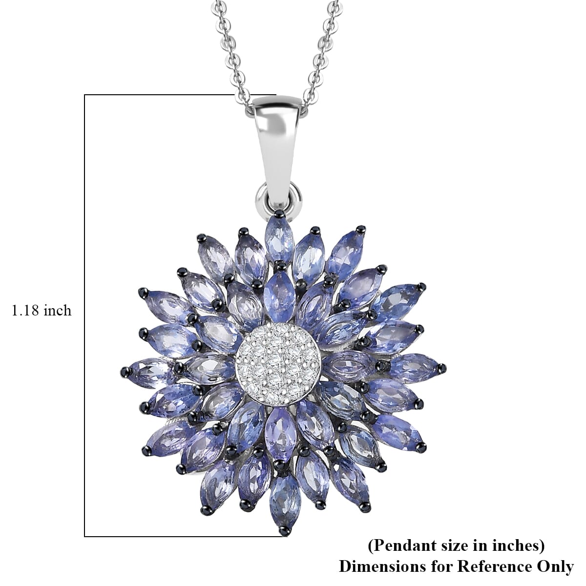 D'Joy AAA Tanzanite and White Zircon 3.15 ctw Blue Dahlia Flower Pendant Necklace in Rhodium Over Sterling Silver 20 Inches image number 6