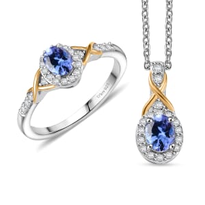 D'Joy Tanzanite, White Zircon 1.20 ctw Infinity Ring (Size 5) and Pendant Necklace 20 Inches in 18K Vermeil YG and Rhodium Over Sterling Silver
