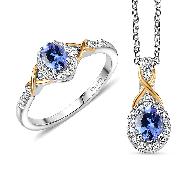 D'Joy Tanzanite, White Zircon 1.20 ctw Infinity Ring (Size 5) and Pendant Necklace 20 Inches in 18K Vermeil YG and Rhodium Over Sterling Silver