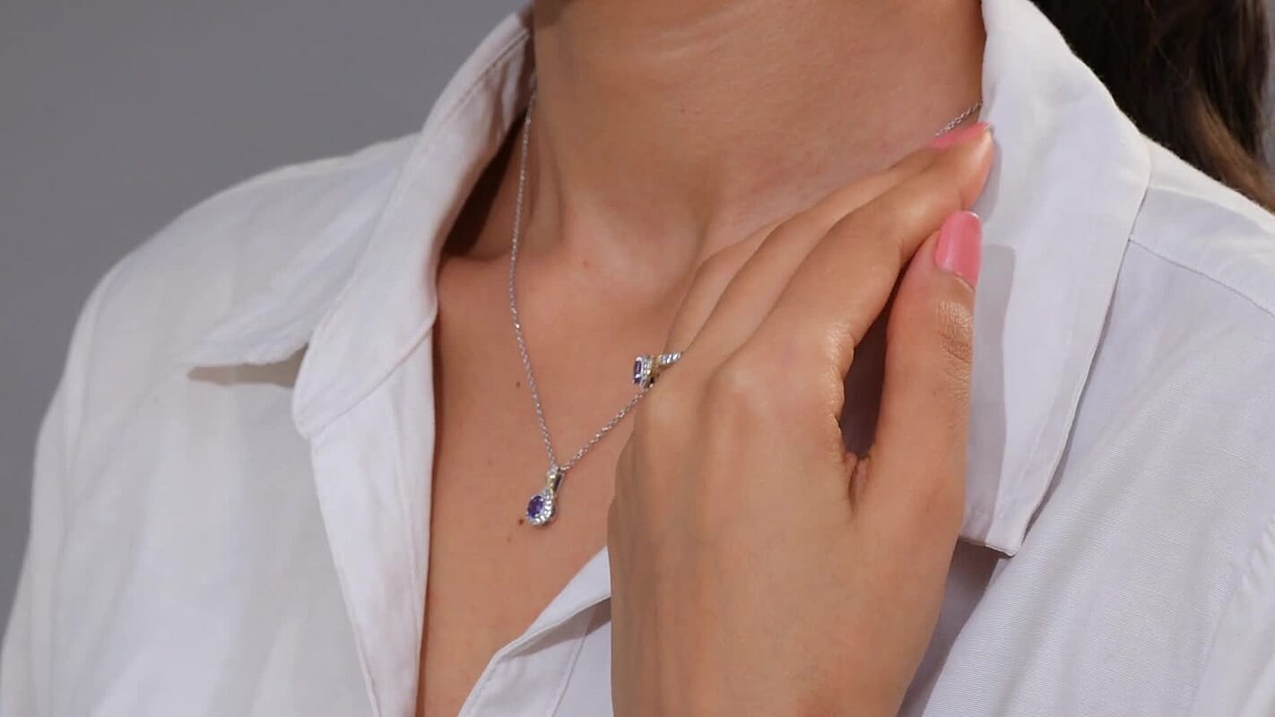 D'Joy Tanzanite, White Zircon Ring (Size 5) and Pendant Necklace (20 Inches) in 18K Vermeil YG and Rhodium Over Sterling Silver 1.20 ctw