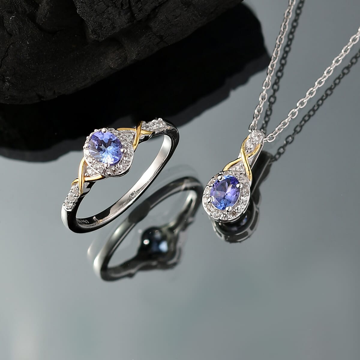 D'Joy Tanzanite, White Zircon Ring (Size 5) and Pendant Necklace (20 Inches) in 18K Vermeil YG and Rhodium Over Sterling Silver 1.20 ctw image number 1