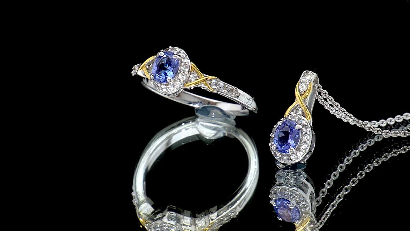D'Joy Tanzanite, White Zircon Ring (Size 5) and Pendant Necklace (20 Inches) in 18K Vermeil YG and Rhodium Over Sterling Silver 1.20 ctw