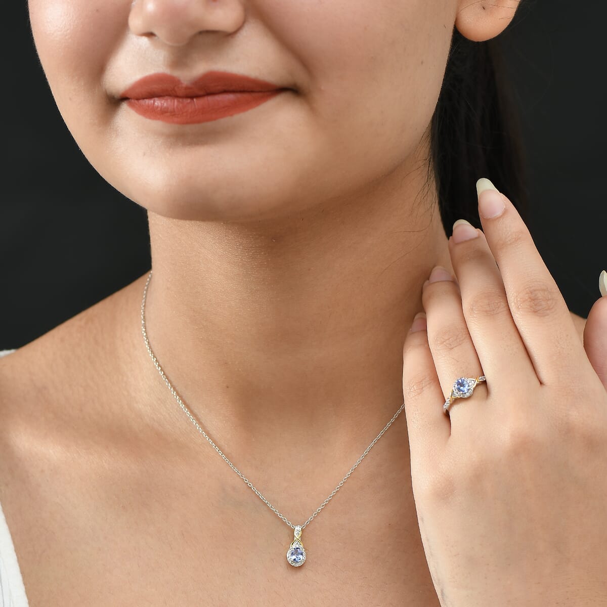 D'Joy Tanzanite, White Zircon Ring (Size 5) and Pendant Necklace (20 Inches) in 18K Vermeil YG and Rhodium Over Sterling Silver 1.20 ctw image number 2