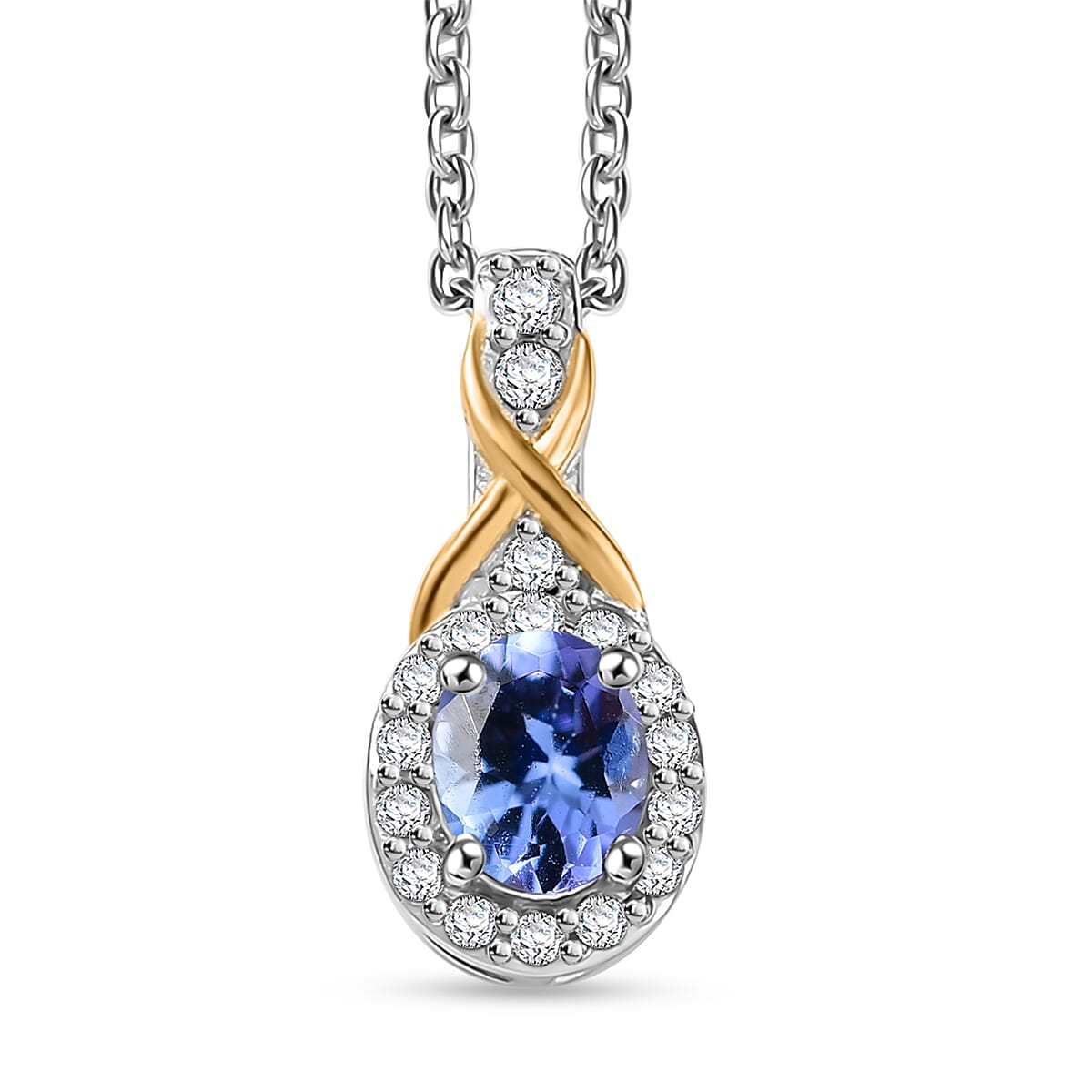 D'Joy Tanzanite, White Zircon 1.20 ctw Infinity Ring (Size 5) and Pendant Necklace 20 Inches in 18K Vermeil YG and Rhodium Over Sterling Silver