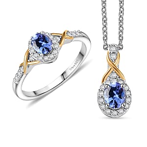 D'Joy Tanzanite and White Zircon 1.20 ctw Infinity Ring (Size 6.0) and Pendant Necklace 20 Inches in 18K YG Over and Rhodium Over Sterling Silver