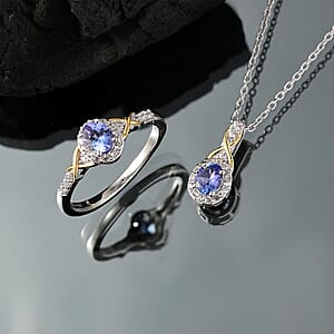 D'Joy Tanzanite, White Zircon 1.20 ctw Infinity Ring (Size 7) and Pendant Necklace 20 Inches in 18K Vermeil YG and Rhodium Over Sterling Silver