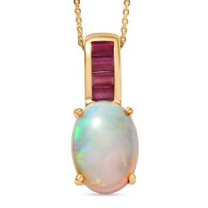 D'Joy Premium Ethiopian Welo Opal and Niassa Ruby (FF) 4.40 ctw Dreamlight Pendant Necklace in 18K Vermeil Yellow Gold Over Sterling Silver 20 Inches