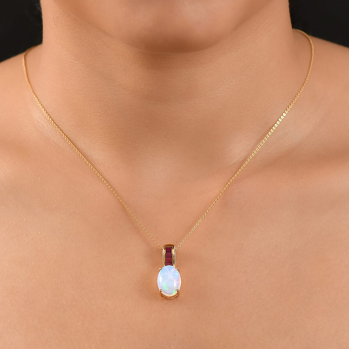D'Joy Premium Ethiopian Welo Opal and Niassa Ruby (FF) 4.40 ctw Dreamlight Pendant Necklace in 18K Vermeil Yellow Gold Over Sterling Silver 20 Inches image number 2