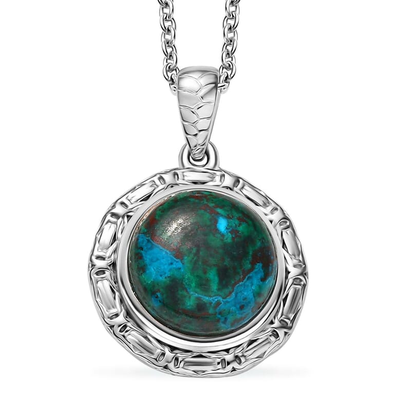 EverTrue Chrysocolla 8.70 ctw Texture Pendant in Platinum Bond with Stainless Steel Necklace 20 Inches