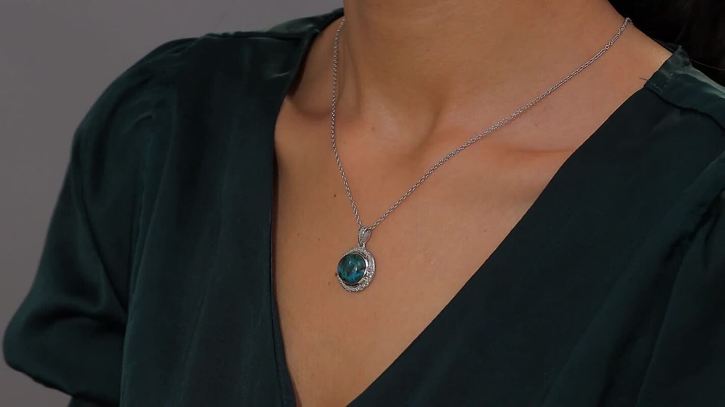 EverTrue Chrysocolla 8.70 ctw Texture Pendant in Platinum Bond with Stainless Steel Necklace 20 Inches