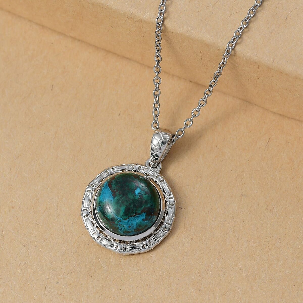 Ever True Chrysocolla 8.70 ctw Texture Pendant in Platinum Bond with Stainless Steel Necklace 20 Inches image number 1