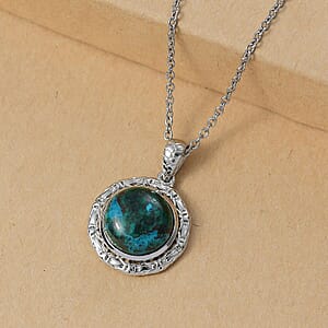 EverTrue Chrysocolla 8.70 ctw Texture Pendant in Platinum Bond with Stainless Steel Necklace 20 Inches