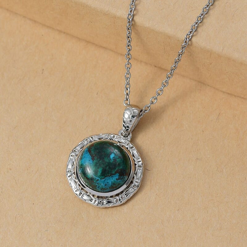 EverTrue Chrysocolla 8.70 ctw Texture Pendant in Platinum Bond with Stainless Steel Necklace 20 Inches